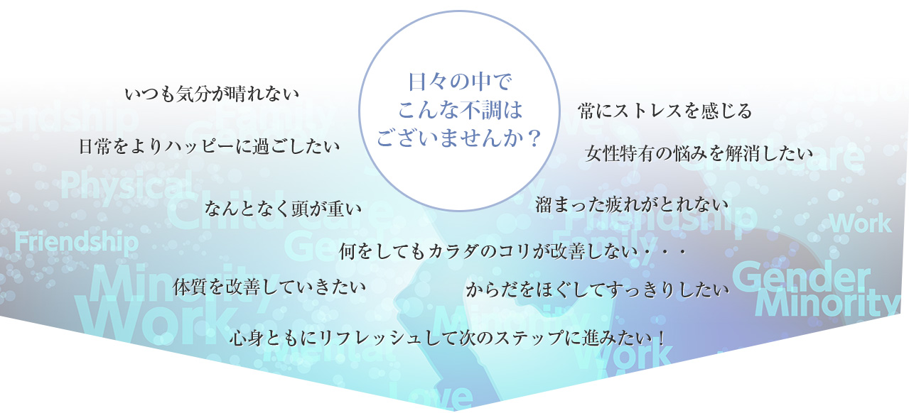 日々の中でこんな不調はございませんか？＜体質を改善していきたい＞＜心身ともにリフレッシュして次のステップに進みたい！＞＜何をしても身体のコリが改善しない・・・＞＜女性特有の悩みを解消したい＞＜常にストレスを感じる＞＜からだをほぐしてすっきりしたい＞＜溜まった疲れがとれない＞＜なんとなく頭が重い＞＜いつも気分が晴れない＞＜日常をよりハッピーに過ごしたい＞